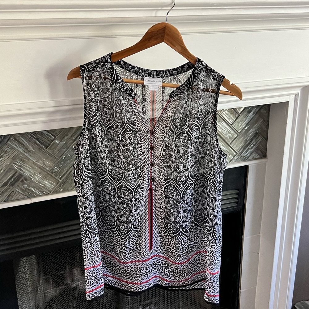 Sheer LIZ CLAIBORNE SLEEVELESS Floral Print BLOUSE Top SHIRT Size Medium M